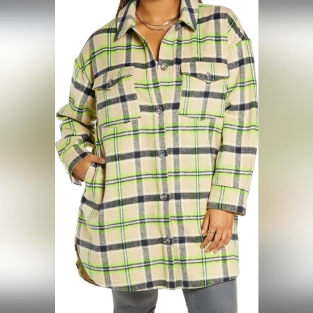 Brushed Plaid Oversized Women's Shirt Jacket - Size Medium